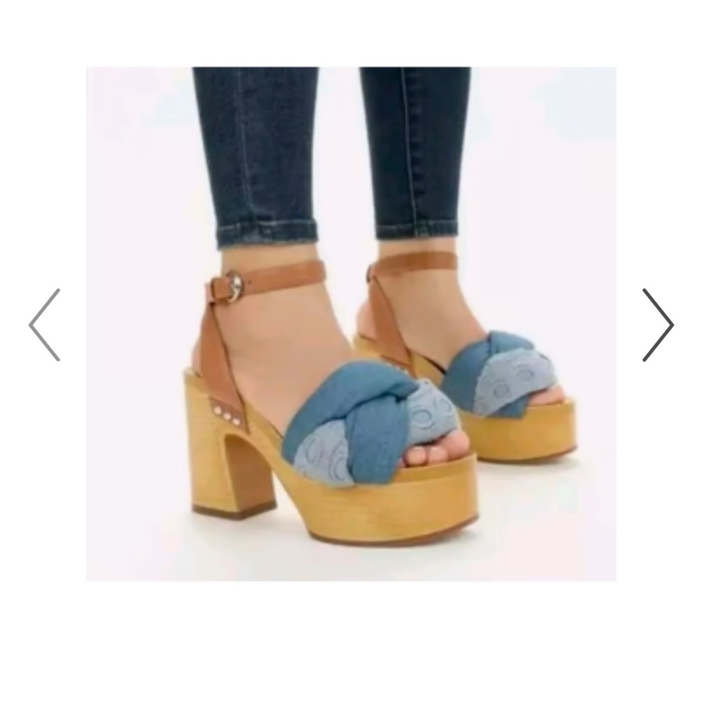 Sam & Libby Denim Knot Platform Clog Sandals Wood Heel Boho Size 8.5 Retro - Picture 2 of 12